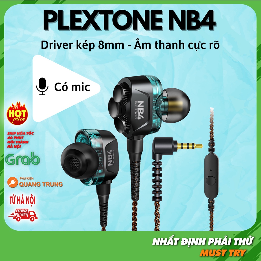 Tai nghe plextone NB4 chân cắm aux 3 5mm có mic dual driver cực mạnh