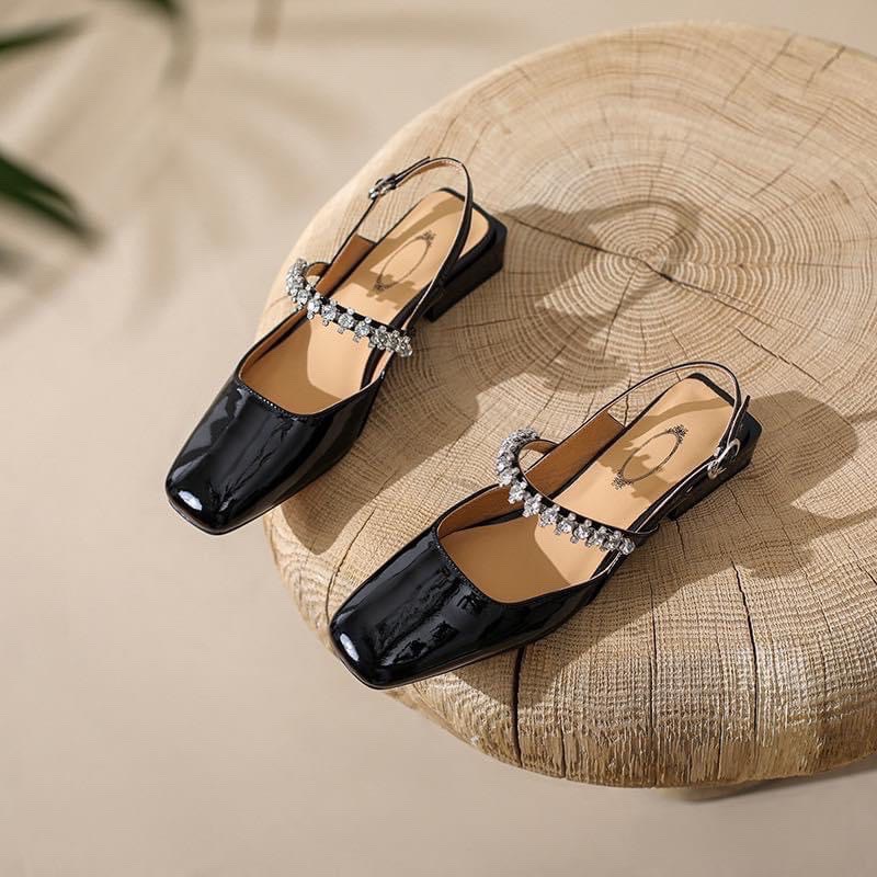 Sandal da bóng đen trắng nude quai ngang mảnh viền đá cực xinh 2P