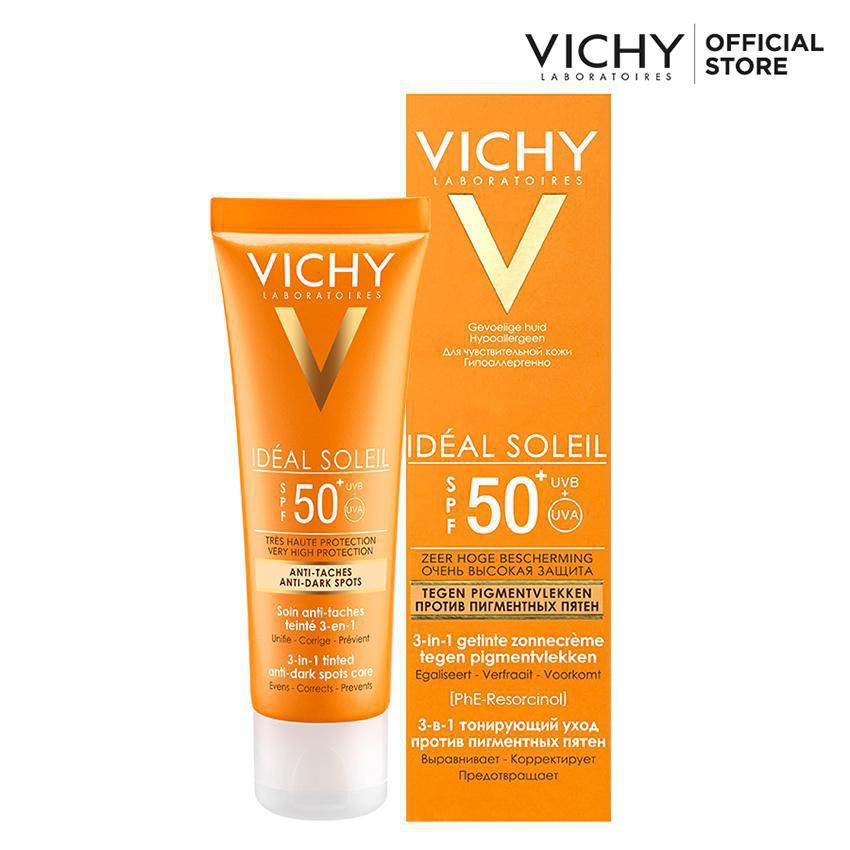 Kem Chống Nắng Vichy Ngăn Sạm Da Giảm Thâm Nám SPF50 Ideal Soleil 3 In