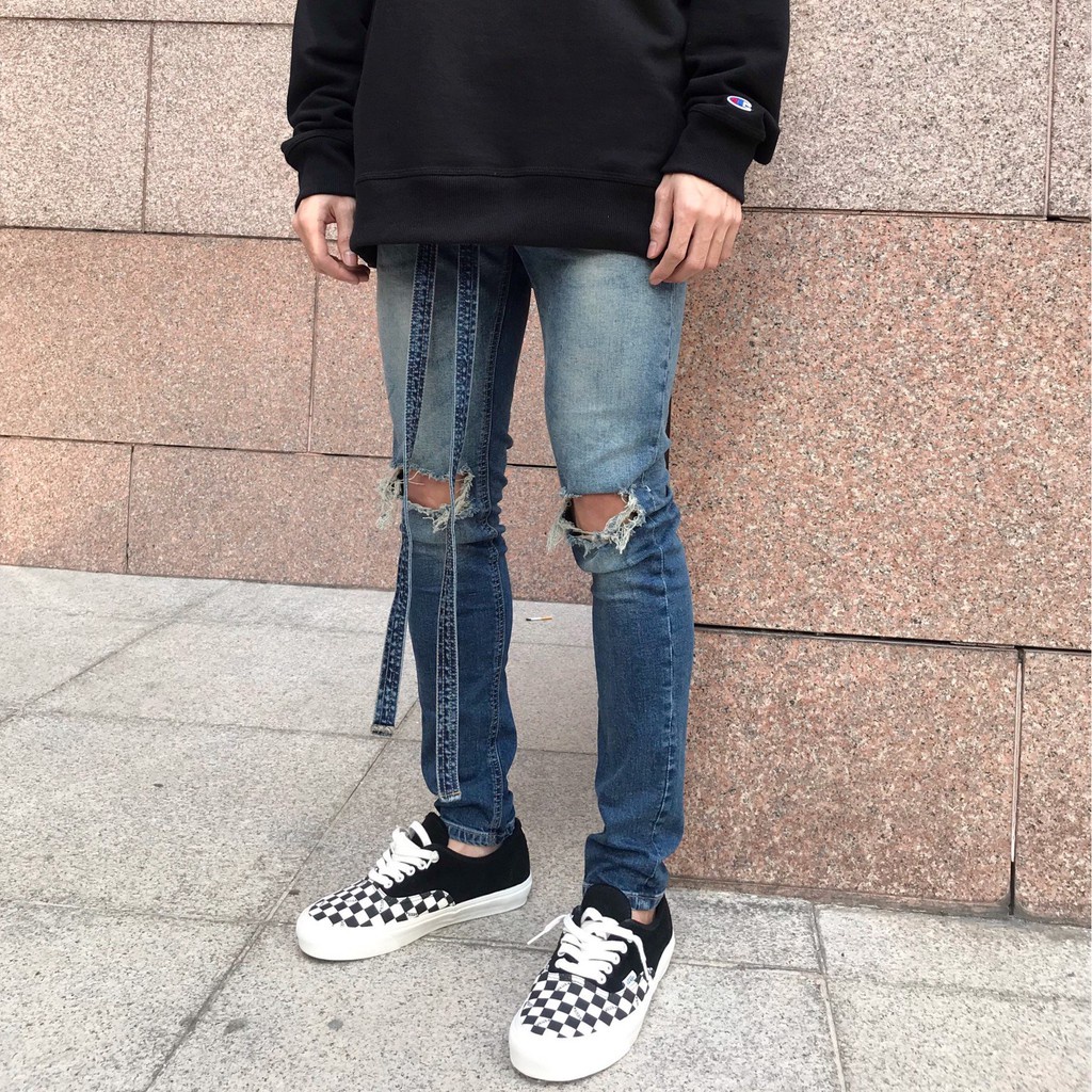 Quần jean nam streetwear cao cấp FNOS NZ11 màu xanh kèm dây rách gối