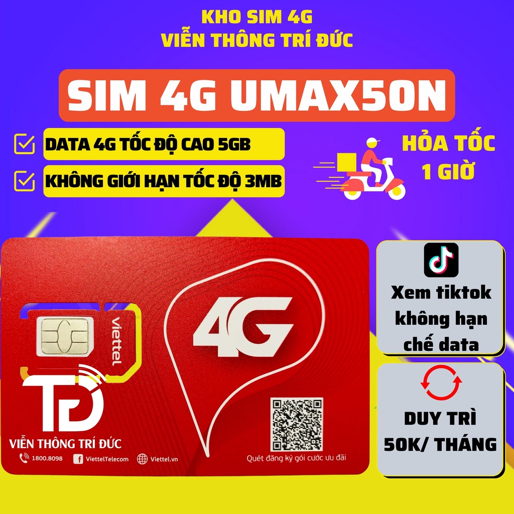 Sim 4G Viettel Dùng Trọn Gói 1 Năm 12UMAX50N D500 6UMAX4G Data 5GB