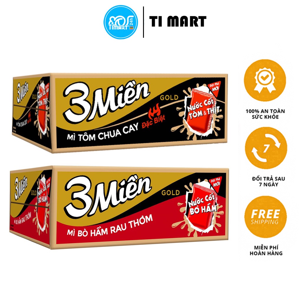 TI MART Thùng 30 gói mì 3 Miền Gold vị bò hầm rau thơm tôm chua cay