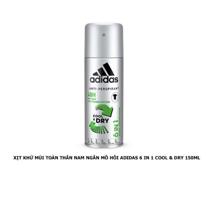 Xịt Khử Mùi Toàn Thân Nam Ngăn Mồ Hôi Adidas 6 in 1 Cool Dry 150ml