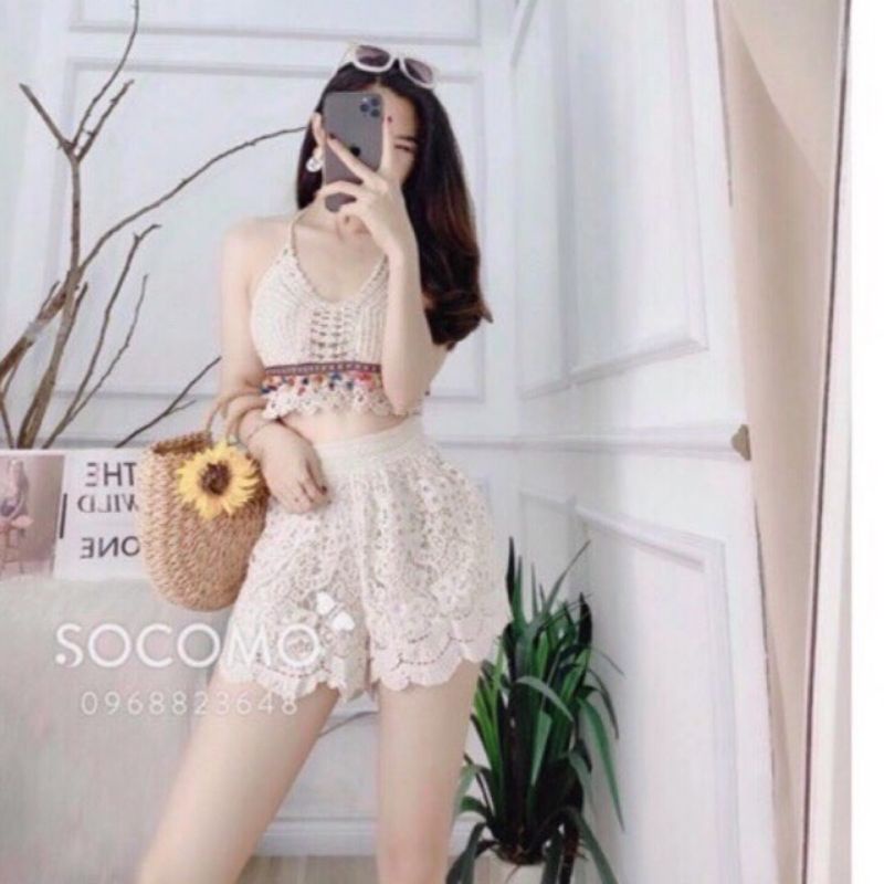 05 Set bikini ren đi biển 2 món áo bra quần sóc có bán rời Shopee