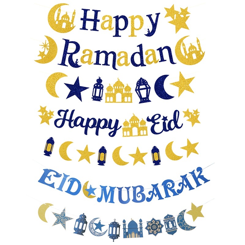 Banner Giấy 4 Phong Cách Happy Eid Eid Raya Mẫu Trăng Sao Lâu Đài