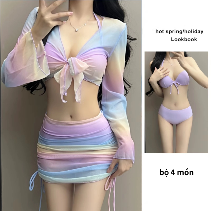 Bộ Đồ Bơi Bikini Bốn Mảnh Màu Sắc Kẹo Ngọt Thời Trang Mùa Xuân Quyến Rũ