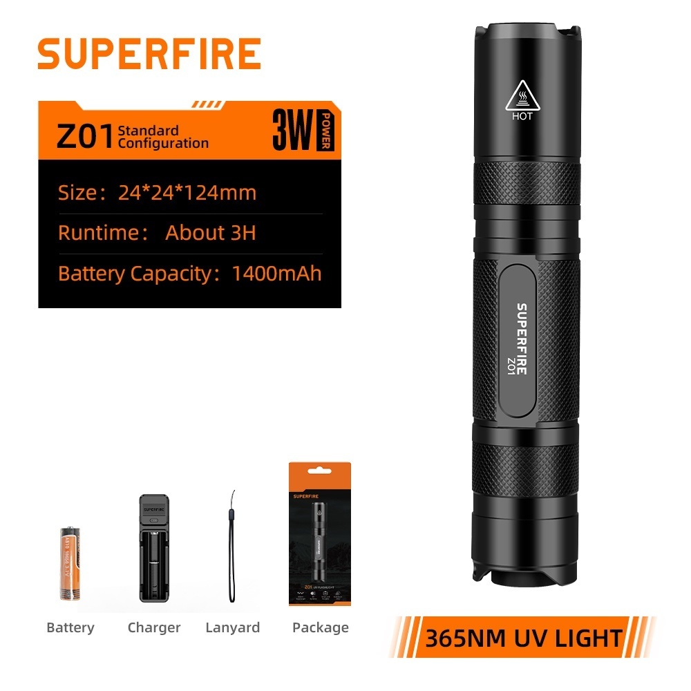 Đèn pin SUPERFIRE S11 H chiếu tia UV 365nm màu đen dành cho kiểm tra