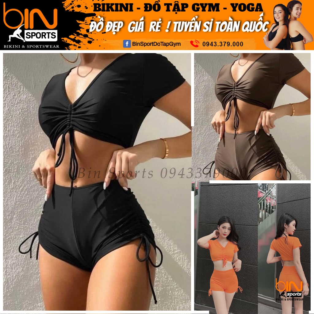 Bikini nữ bộ đồ bơi 2 mảnh quần đùi áo crop dây rút kín đáo freesize