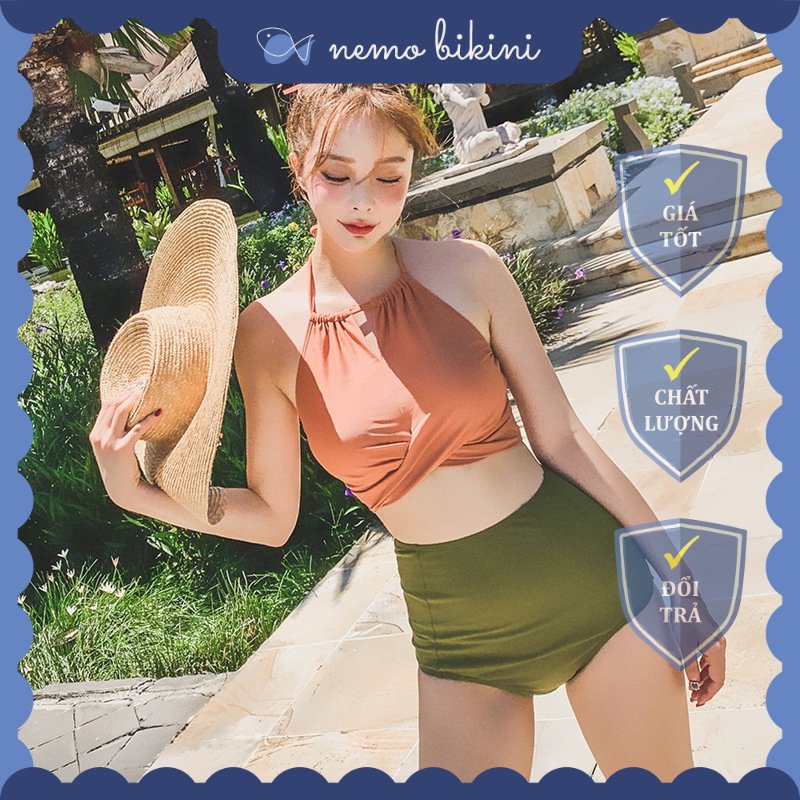 Bikini đi biển đồ bơi nữ 2 mảnh tôn dáng áo yếm cam quần xanh Nemo