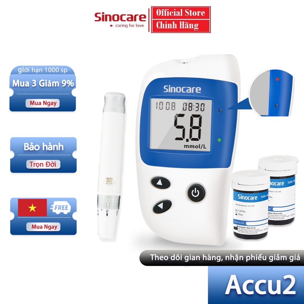 Máy Đo Đường Huyết Safe Accu 2 Chính Hãng Sinocare Tặng Kèm 50 Que Và