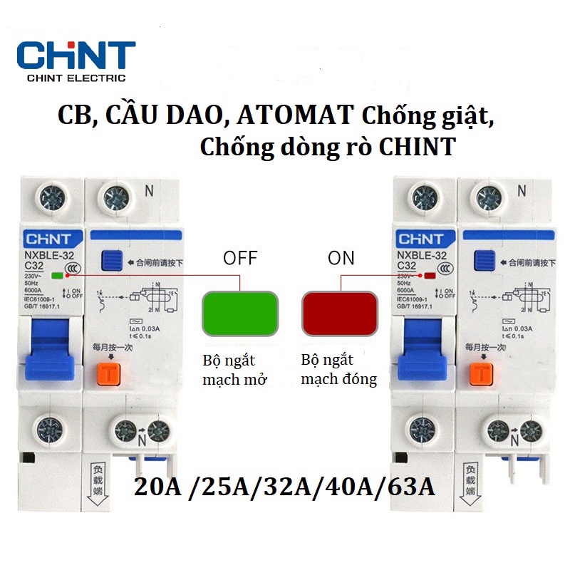 CB chống giật 1 PHA 220V chống rò điện dòng rò 30mA chống quá tải