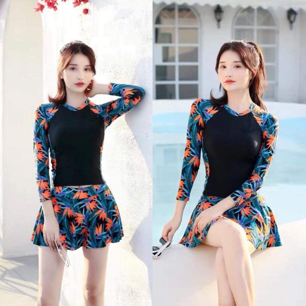 Bikini đồ bơi nữ đi biển 2 mảnh áo tay dài phủ bụng kèm mút mỏng quần