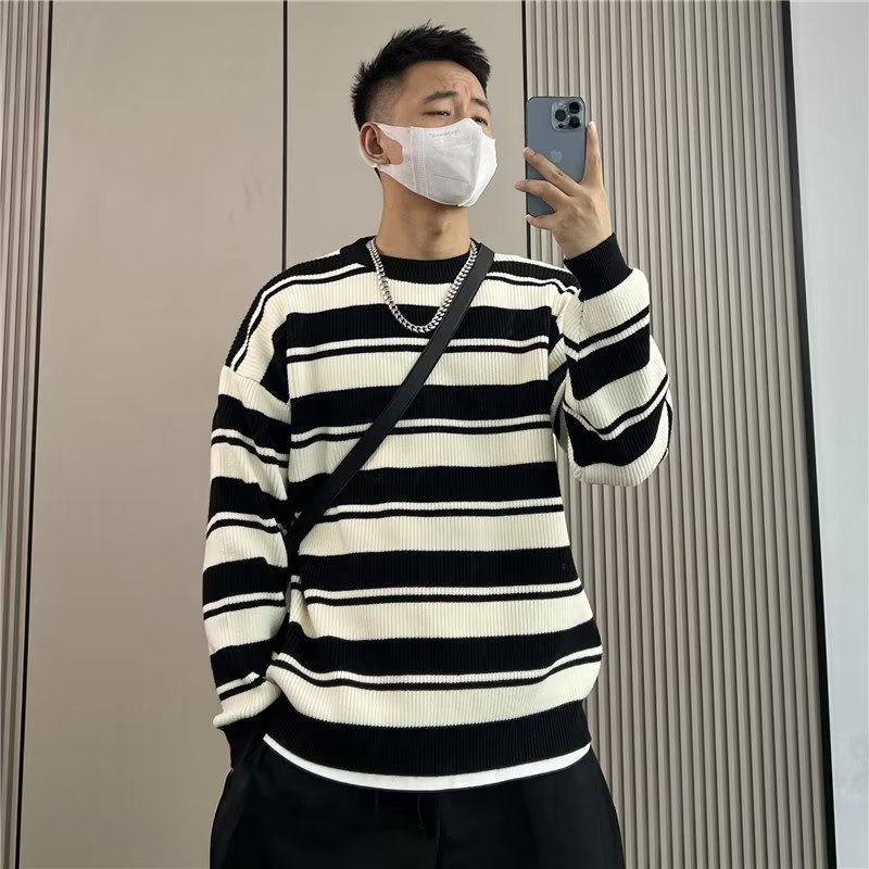 Áo Sweater Chui Đầu Cổ Tròn Họa Tiết Kẻ Sọc Màu Tương Phản Thời Trang