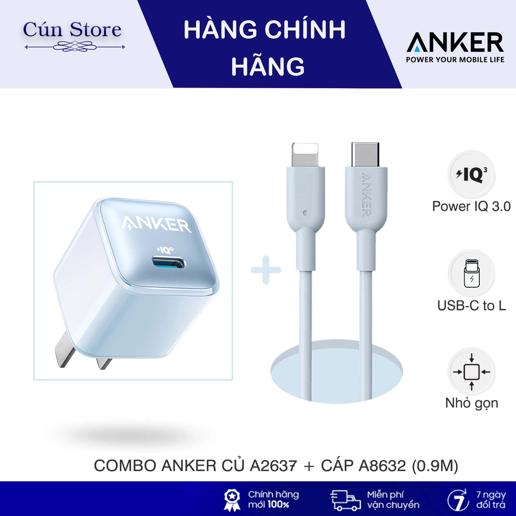 Bộ sạc Anker Nano Pro A2637 20W PD IQ 3 0 và Cáp Anker A8632 dài 0 9m