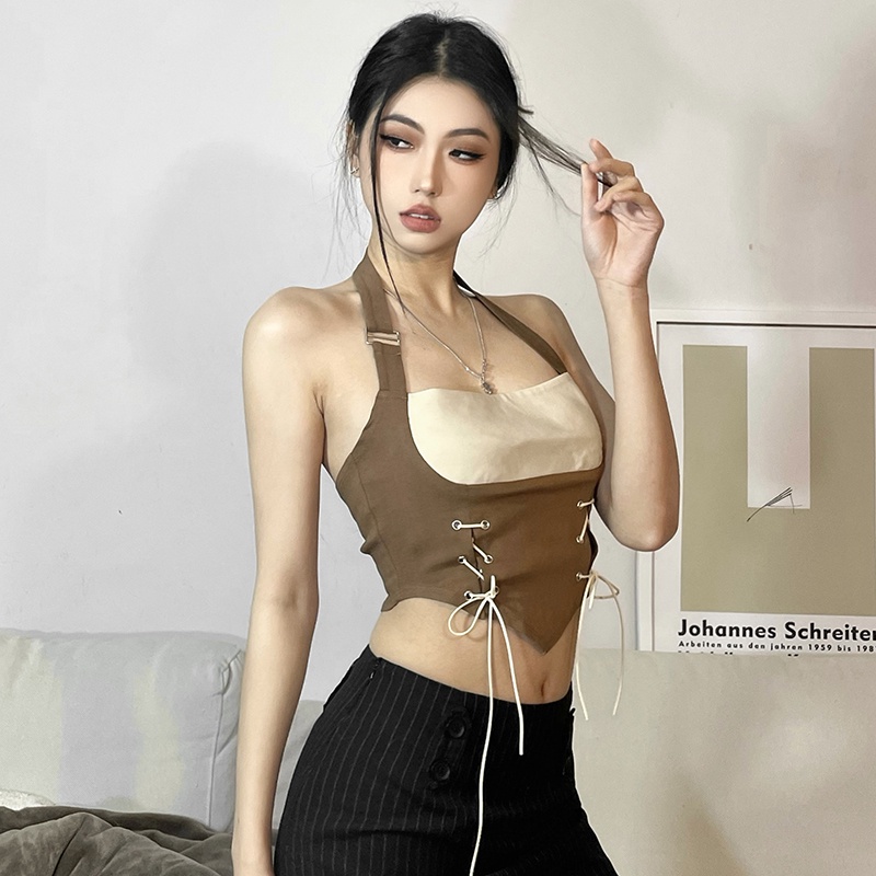 Klalien Áo Croptop Không Tay Ôm Dáng Màu Sắc Tương Phản Cổ Điển Mùa Hè