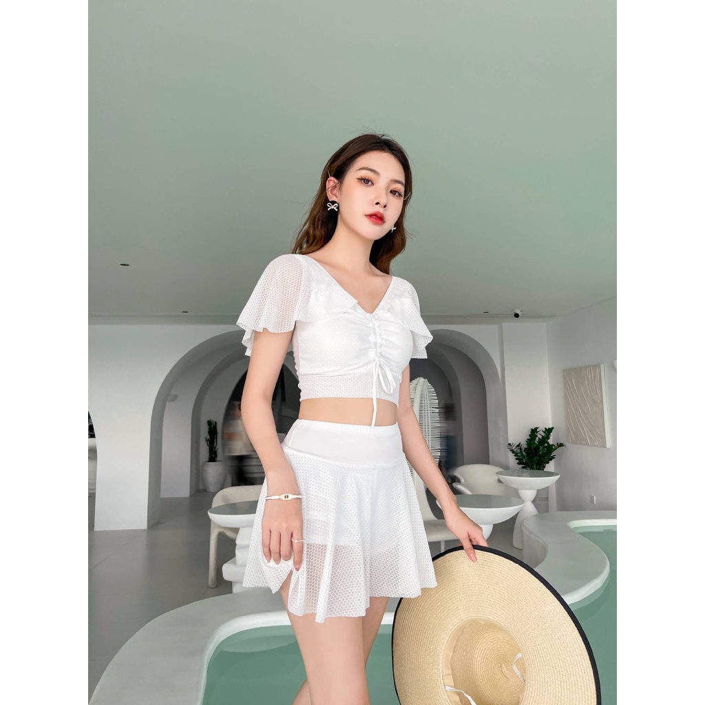 Set bikini đi biển 2 mảnh đẹp đồ tắm đồ bơi chân váy xoè cạp cao kín