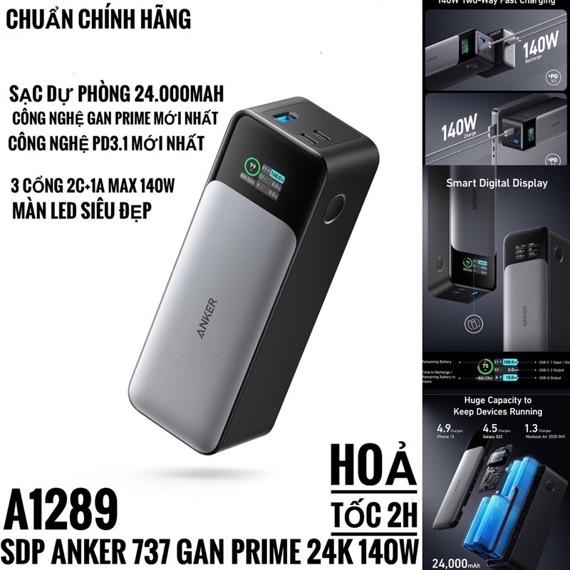 Sạc Dự Phòng Anker 737 24 000mAh 140w 3 Cổng Gan Prime A1289 Bảo