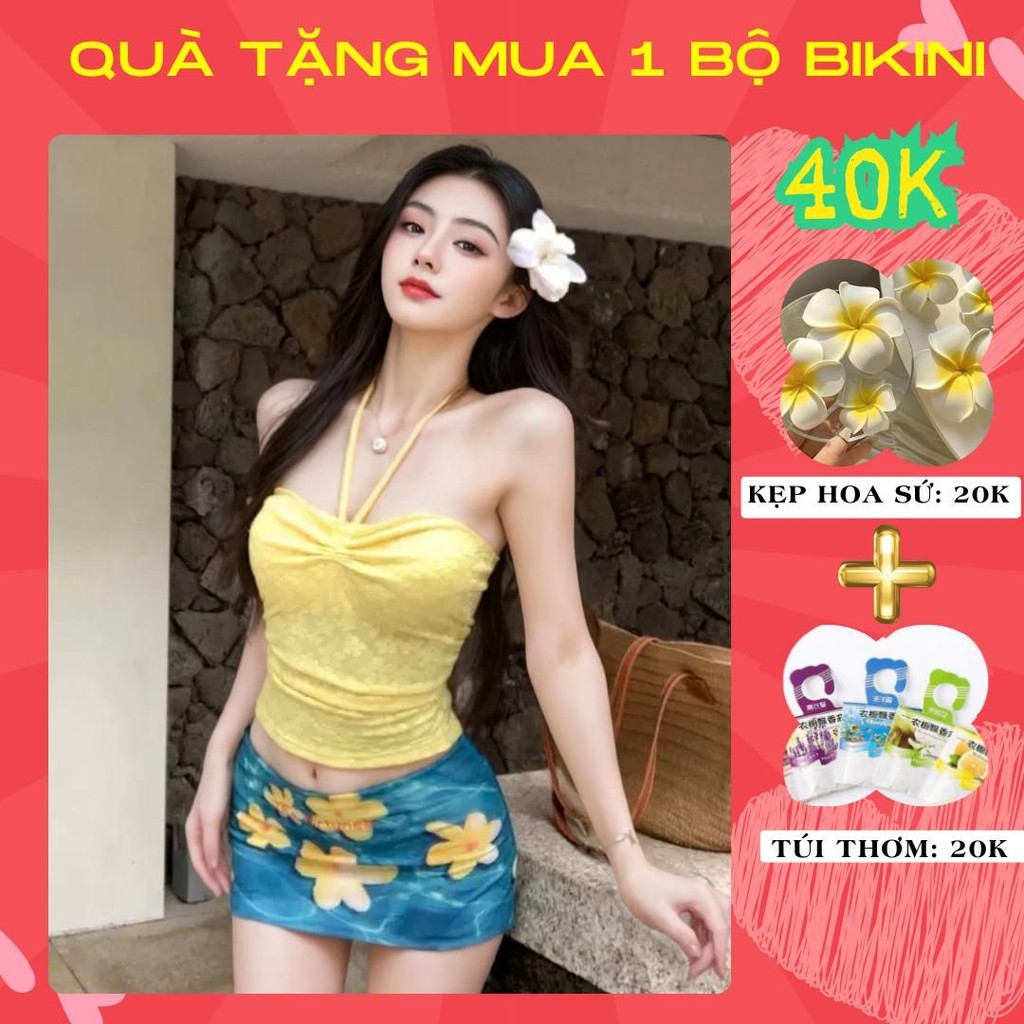 Đồ bơi kín đáo mảnh cho nữ đi biển bikini set món áo quây có mút