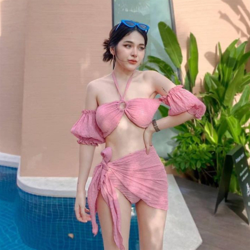 Nhà Máy Giao Hàng Trực Tiếp Đồ Bơi Bikini Tay Phồng Sling Cổ Váy Thanh