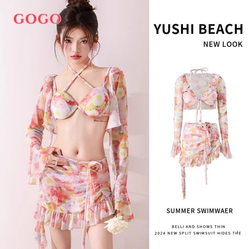 Đồ bơi bikini bốn mảnh 2024 thời trang mới áo tắm đi biển nâng ngực