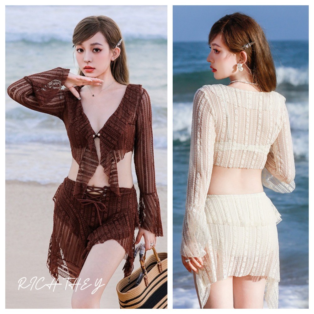 RICH THEY Bộ Bikini Món Gợi Cảm Bộ Đồ Bơi Đi Biển Ren Dài Tay Thời