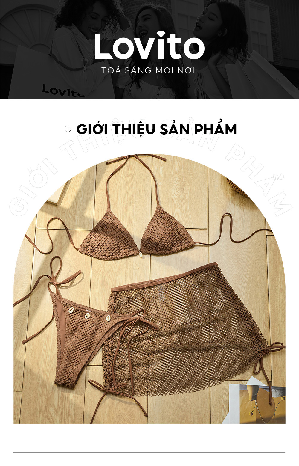 Lovito Bộ Bikini Boho Bộ Bikini vỏ lưới tương phản trơn dành cho nữ