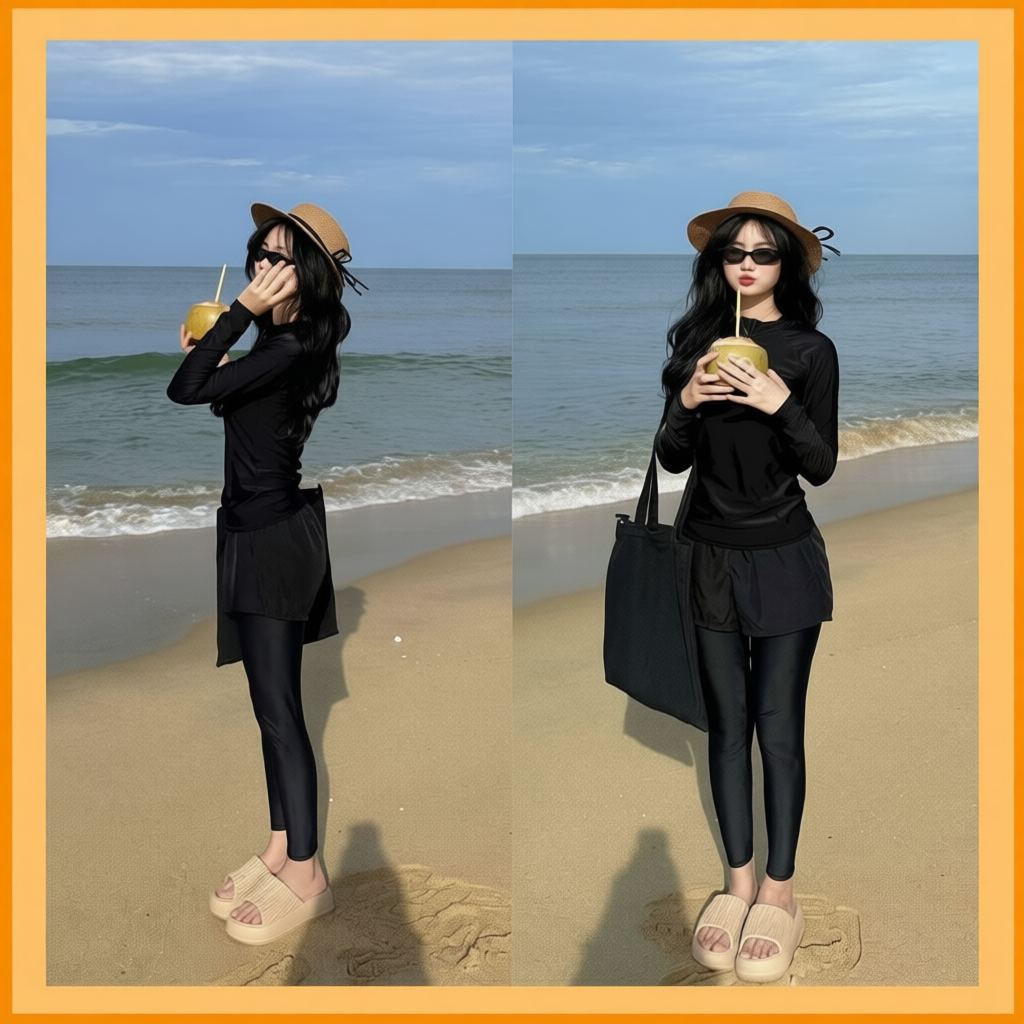 Đồ bơi nữ Ninja đi biển Bikini kín đáo màu đen áo tay dài có khóa kéo