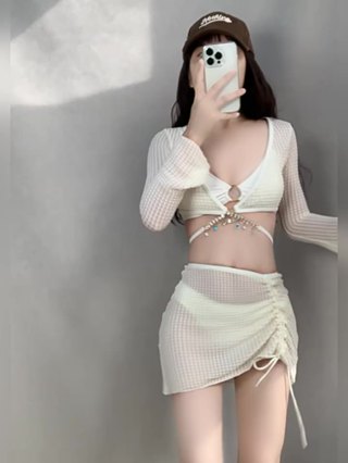 Bộ Đồ Bơi bikini Bốn Mảnh Áo Tay Dài Chân Váy Ngắn Xẻ Tà Màu Trơn