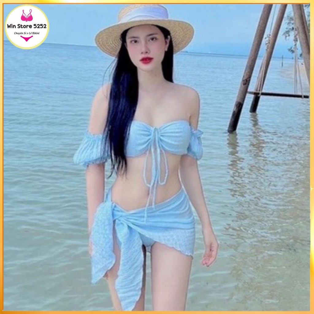 Set 3 món bikini đồ bơi hai mảnh tay bồng trễ vai phối khoen áo kèm