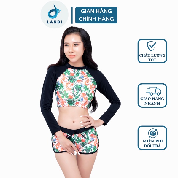 Đồ Bơi Nữ Bikini LANBISHOP Hai Mảnh Tay Dài Lá Cam Quần Đùi Lanbi 053