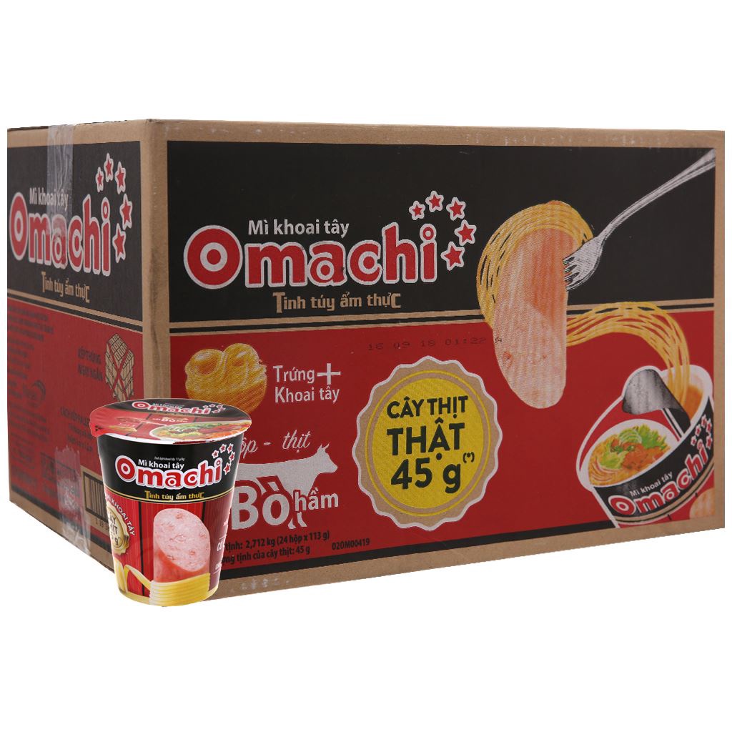 Thùng 24 ly mì khoai tây Omachi xốt bò hầm 113g có cây thịt thật