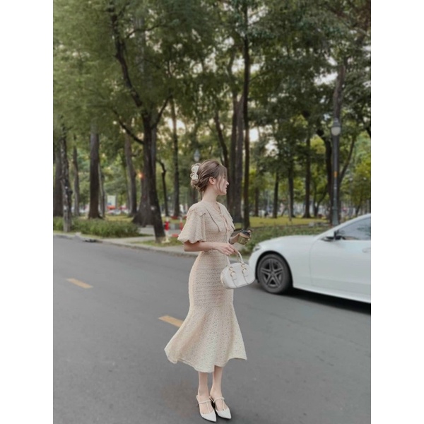 Đầm midi cổ nhọn đuôi cá 2 màu đen nude Shopee Việt Nam