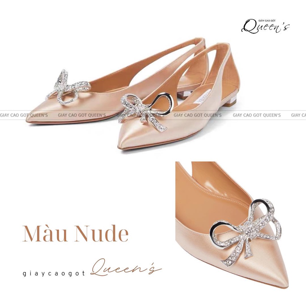 Giày Búp Bê Màu Nude Màu Đen Chất Lụa Satin Đính Nơ Đá Cao Cấp Cho Nữ