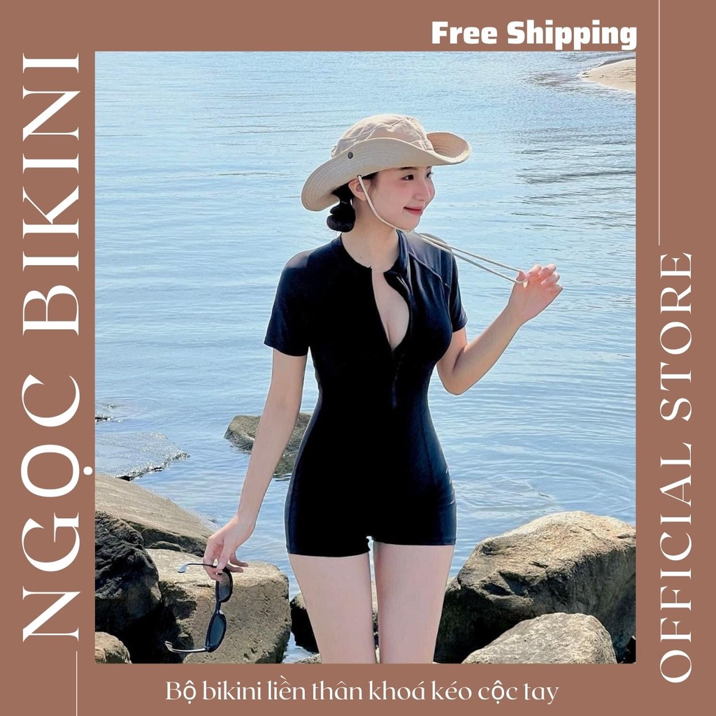 CÓ BIGSIZE Bộ bikini đồ bơi liền thân cộc tay khoá kéo dáng quần đùi