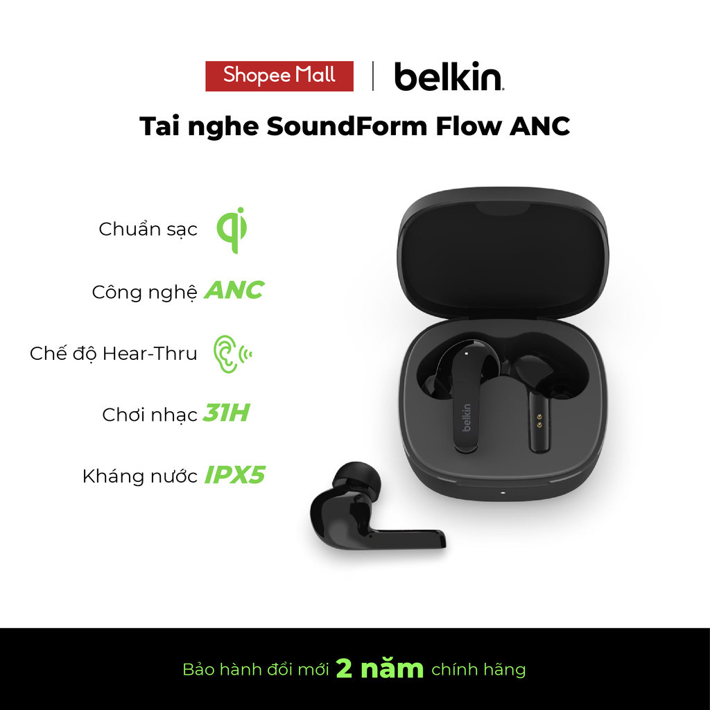 Tai nghe Bluetooth True Wireless Belkin SOUNDFORM Flow ANC Hàng chính