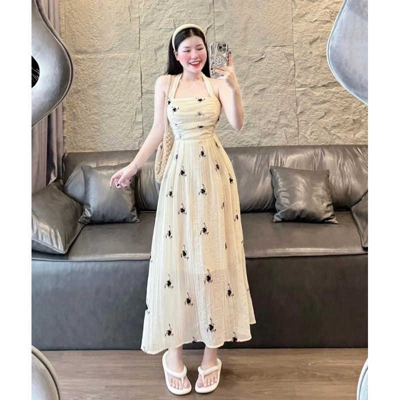 Hion Store Đầm midi nude cổ yếm hoa đen Shopee Việt Nam