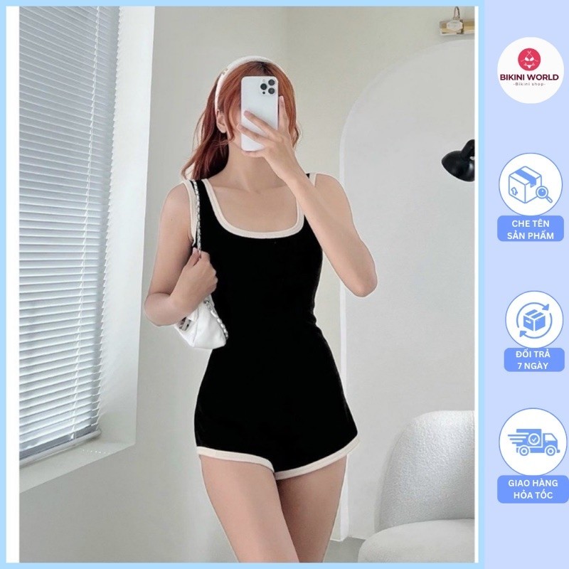 Bikini đồ bơi đi biển mảnh viền trắng dáng quần đùi lổ kín đáo trẻ
