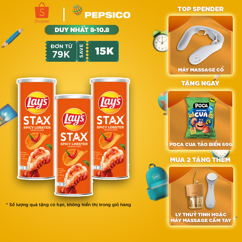 Combo 3 lon Snack Khoai Tây Miếng Lay s Stax Vị Tôm Hùm Nướng Ngũ Vị