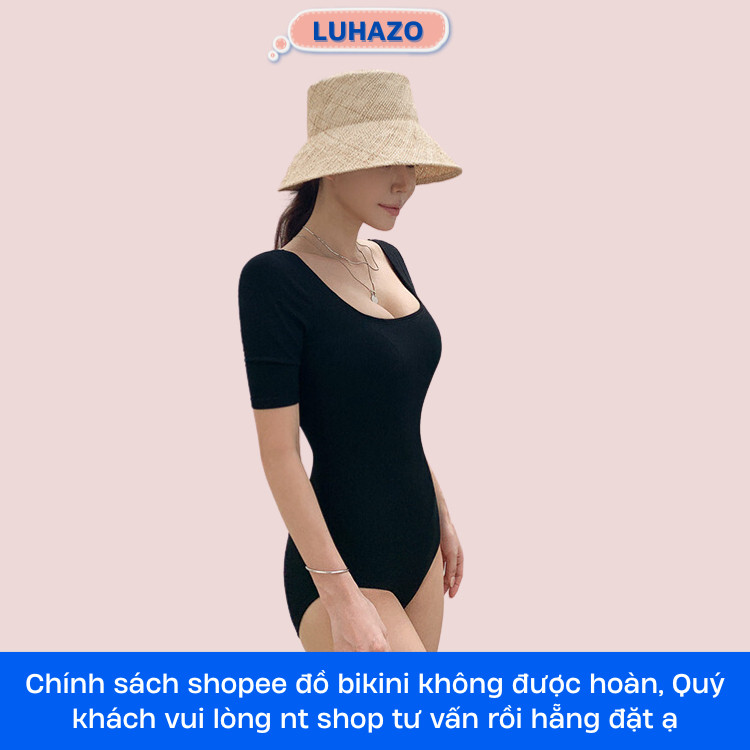 Bikini Basic nữ đồ bơi đi biển 1 mảnh LUHAZO liền thân tay ngắn hở lưng