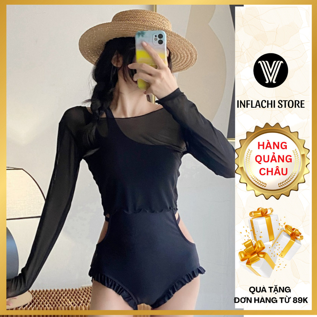 Bikini đi biển INFLACHI đồ bơi liền thân 2 chi tiết kèm áo tay dài