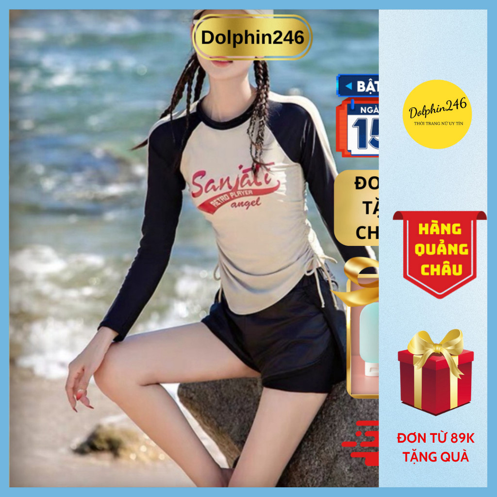 Bikini bộ đồ bơi nữ đi biển 2 mảnh kín đáo áo dài tay che nắng quần đùi