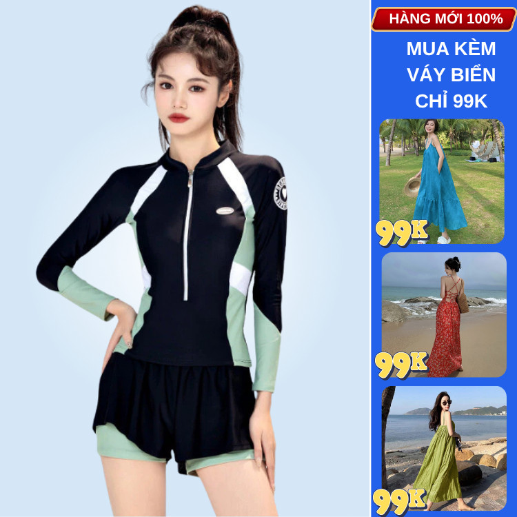 Đồ bơi nữ 2 mảnh bikini đi biển du lịch quần đùi tay dài chống nắng vải