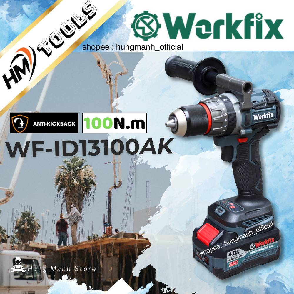 Xám Máy khoan pin WORKFIX WF ID13100AK Anti kickback Lực siết 100Nm