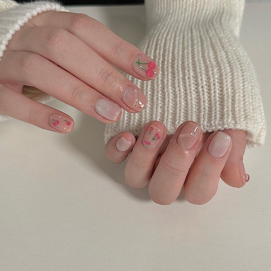 MẪU NAILBOX THIẾT KẾ MÓNG ÚP MÀU NUDE VẼ CHERRY GEL NỔI LẤP LÁNH