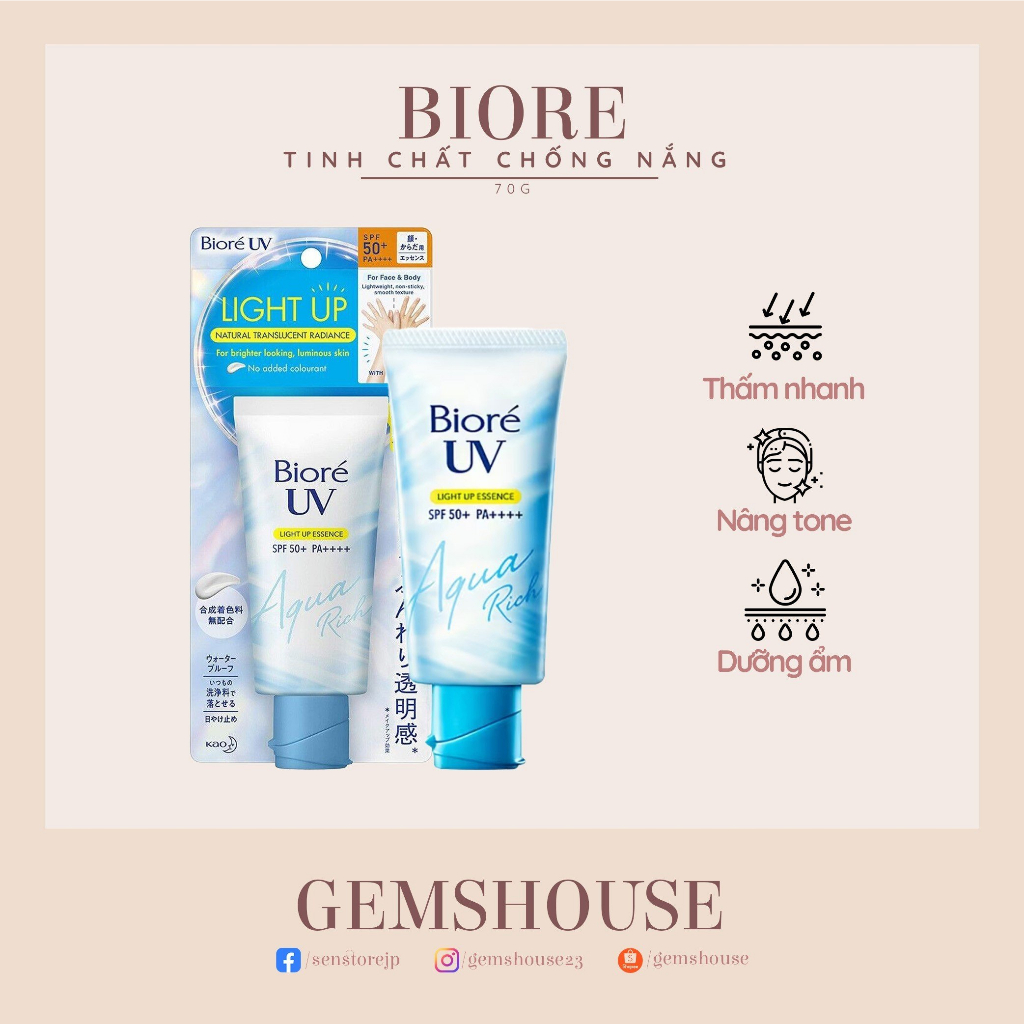 KEM CHỐNG NẮNG BIORE UV AQUA RICH LIGHT UP ESSENCE SPF 50 PA MẪU