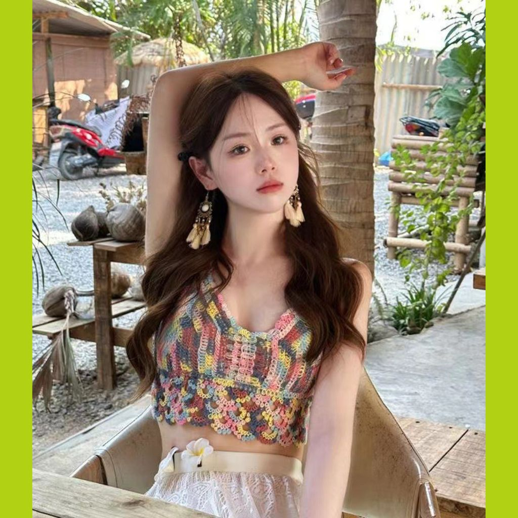 Áo bra len móc bikini đi biển đồ bơi mùa hè 2023 Áo croptop cổ yếm gợi