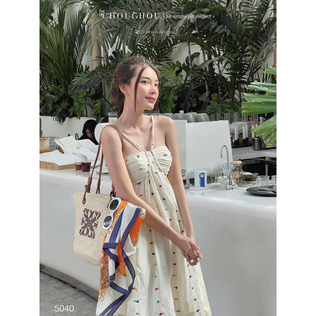 ĐẦM MIDI NUDE THÊU HOA DÂY CỔ CHÉO NGỰC Shopee Việt Nam