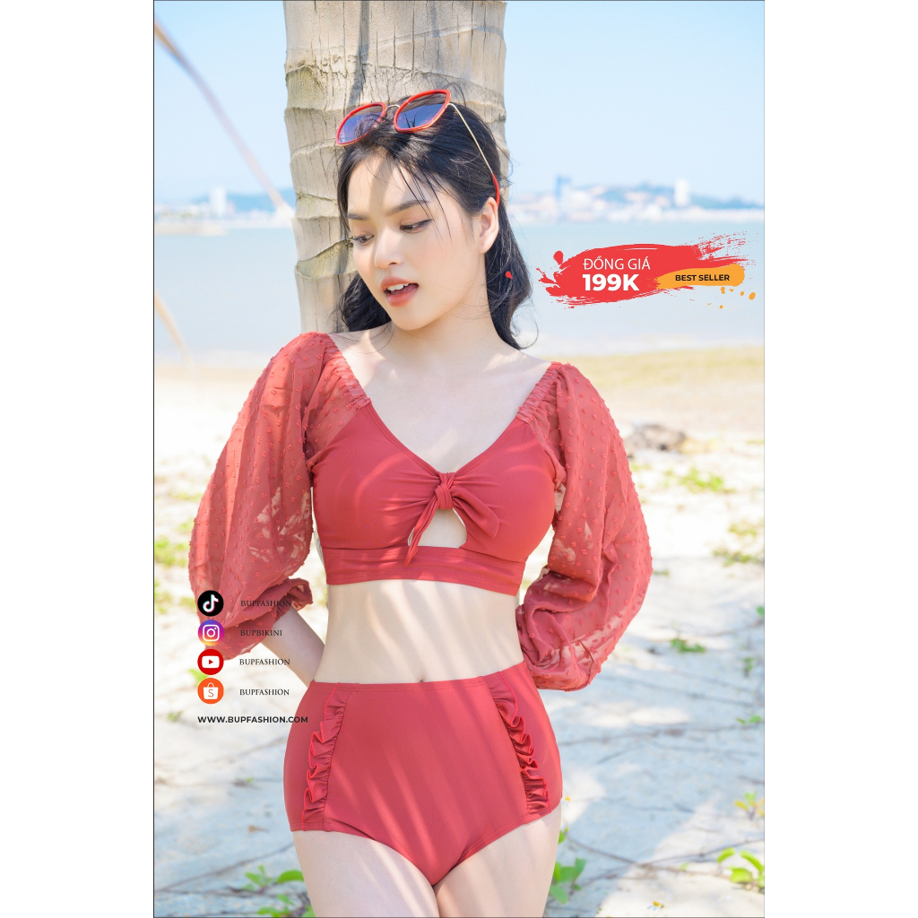 TB049 SET BIKINI 2 MẢNH ÁO DÀI TAY MÀU ĐỎ ĐÔ CAO CẤP Shopee Việt Nam