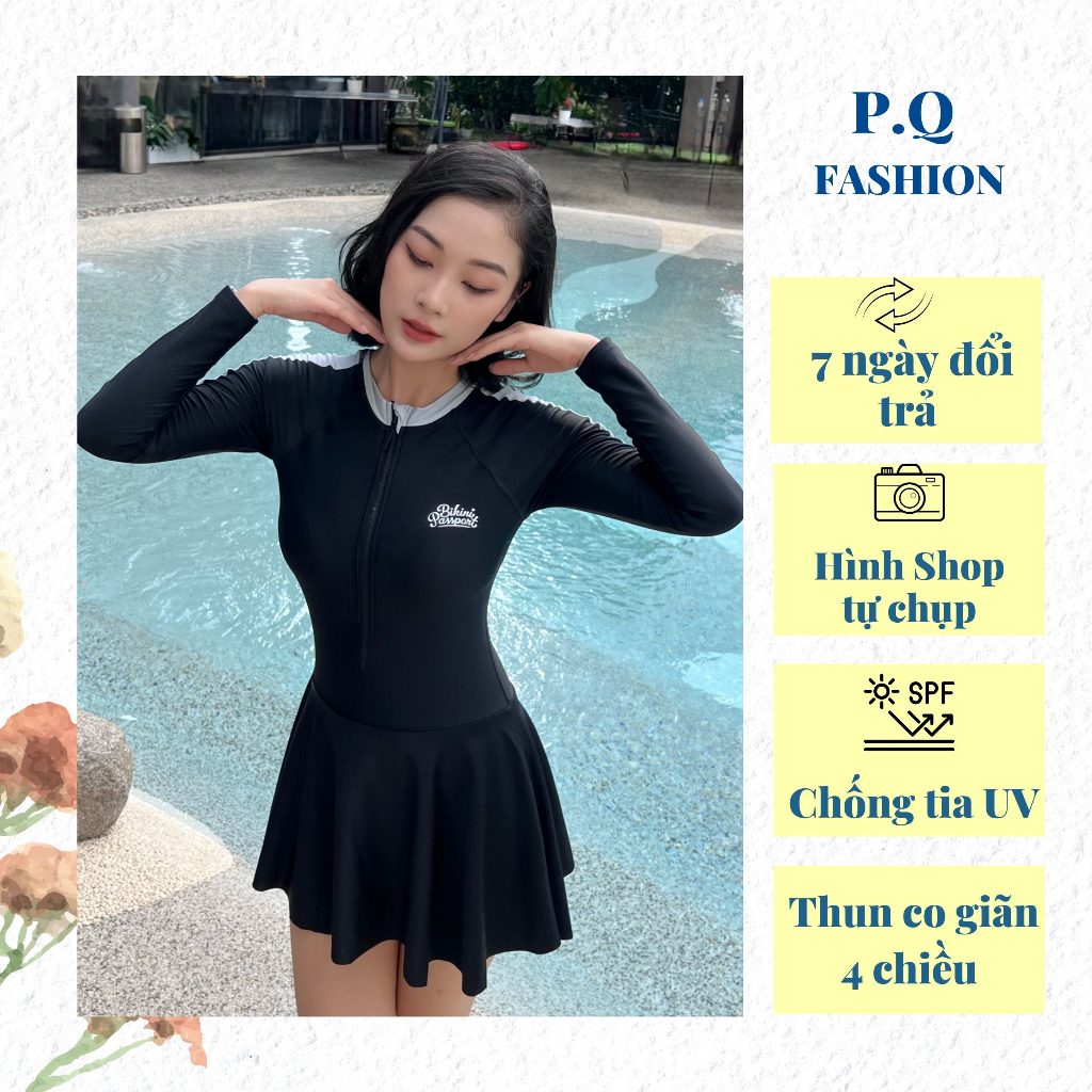 Đồ bơi nữ bikini áo tắm dạng một mảnh tay dài váy kín đáo Đen