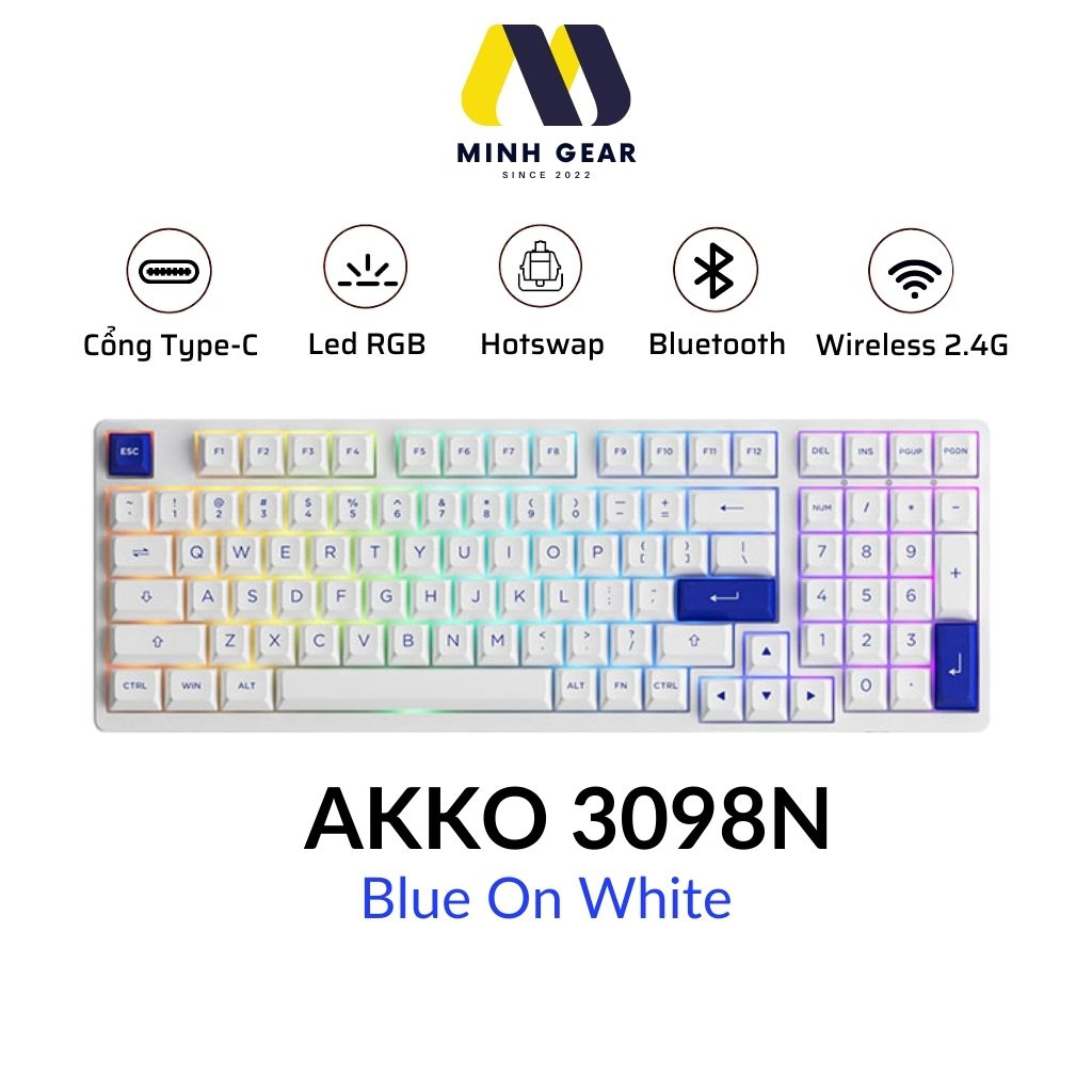 Bàn phím cơ AKKO 3098N Multi modes Blue On White Bluetooth 5 0